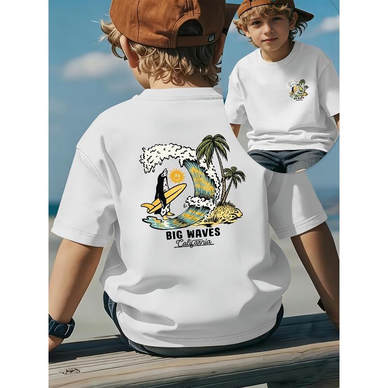 Boys Surfing Penguin Ocean Wave Front Back Print Crewneck Summer Casual T-Shirt 110 белый