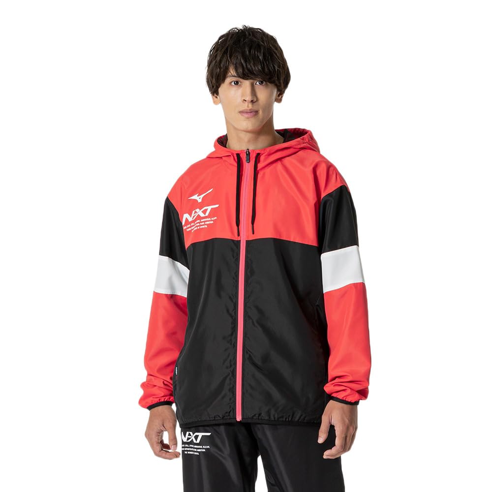 Mizuno Windbreaker Radiant N-XT Jacket, Water-Repellent Jersey, Unisex, 32JEB220, Red/Black