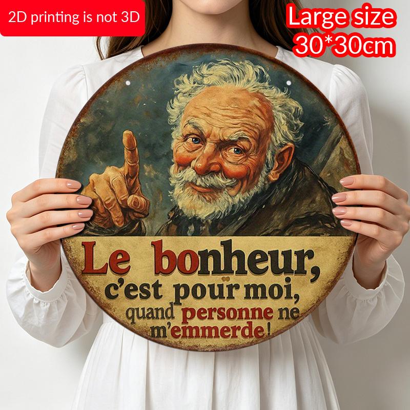 2D Flat - 1pc Round Aluminum Sign, Vintage Aluminum Plaque about "Happiness", French Humor Decorative Sign, Suitable for Decorating Living Room