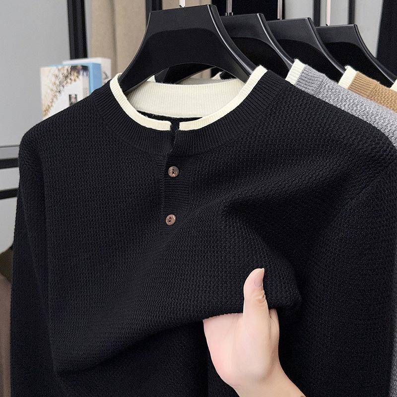 Men Fake Two Pieces Round Neck Long Sleeve Knitted Casual Pullover Sweater Top
