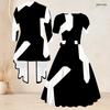 Women Plus Size Two Piece Set Square Neck Short Sleeve Tie Waist Printed Flared Dress 3 4 Sleeve Black White Cardigan