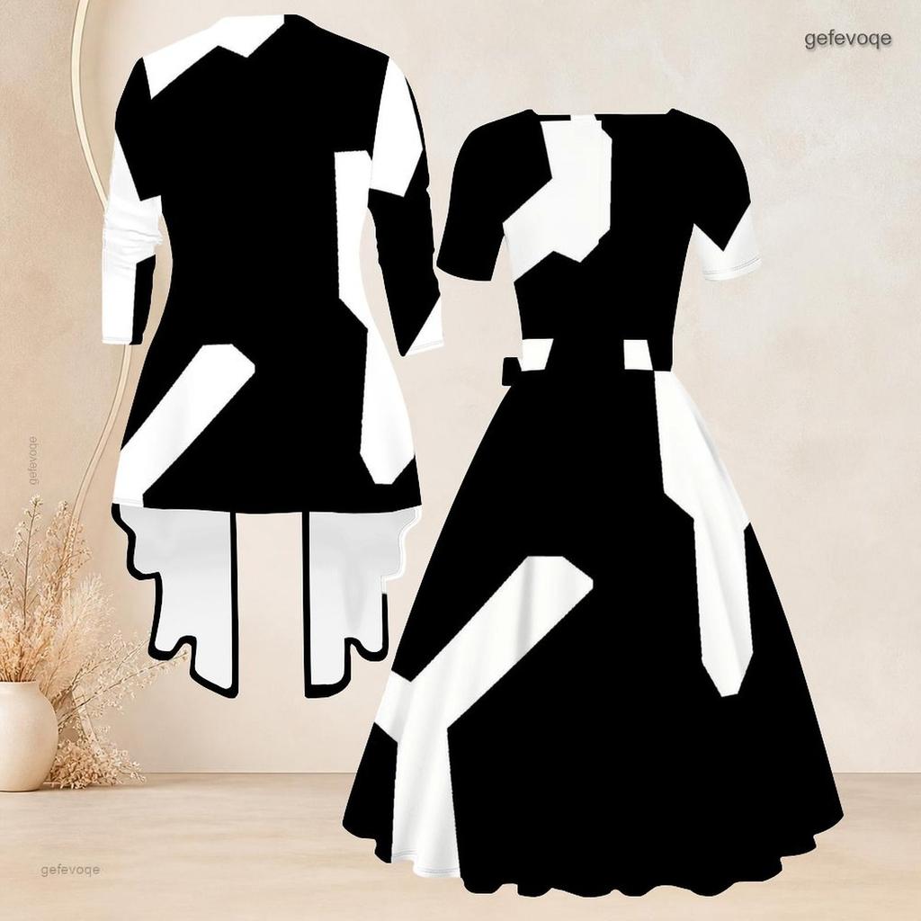 Women Plus Size Two Piece Set Square Neck Short Sleeve Tie Waist Printed Flared Dress 3 4 Sleeve Black White Cardigan