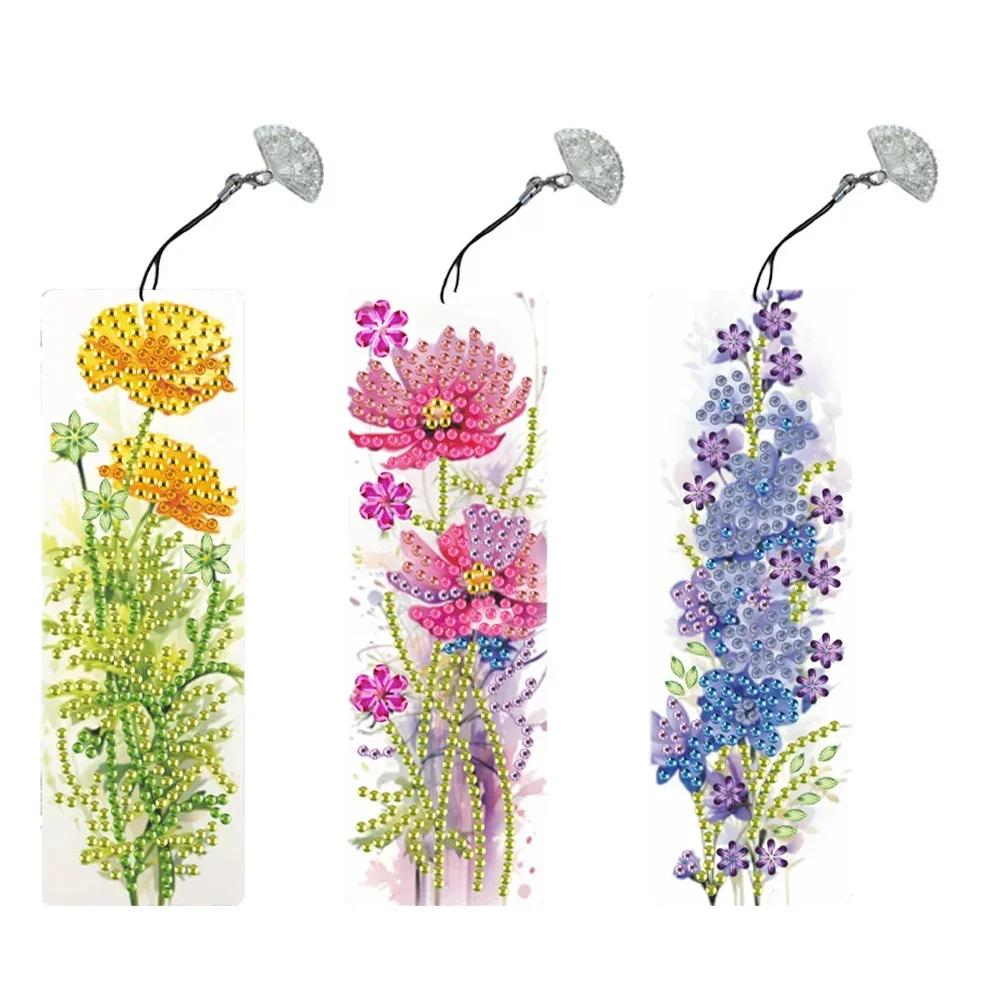 3Pcs Special Shape Flower Diamond Bookmark Art Projects Diamond Painting Bookmark Making Kit Diamond Art Bookmark with Pendant