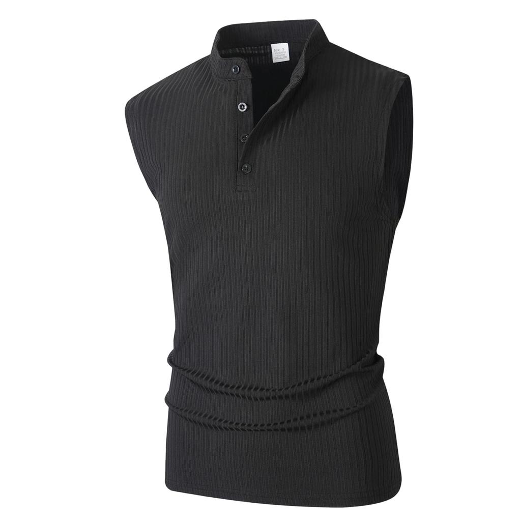 Men Sleeveless Knit Button Vest Lightweight Casual Summer Shirt Slim Fit Ribbed Texture Henley Style Top