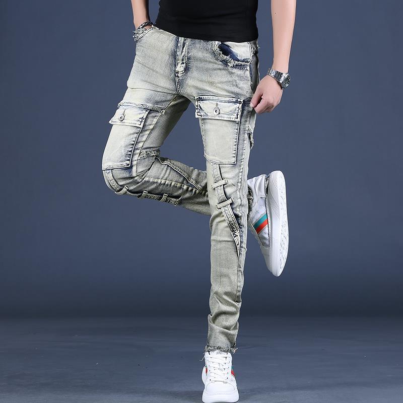 Retro Heavy Industry Washed Overalls Jeans Herren Frühling und Herbst Scrape Edging Schmal sitzende lange Hosen Skinny