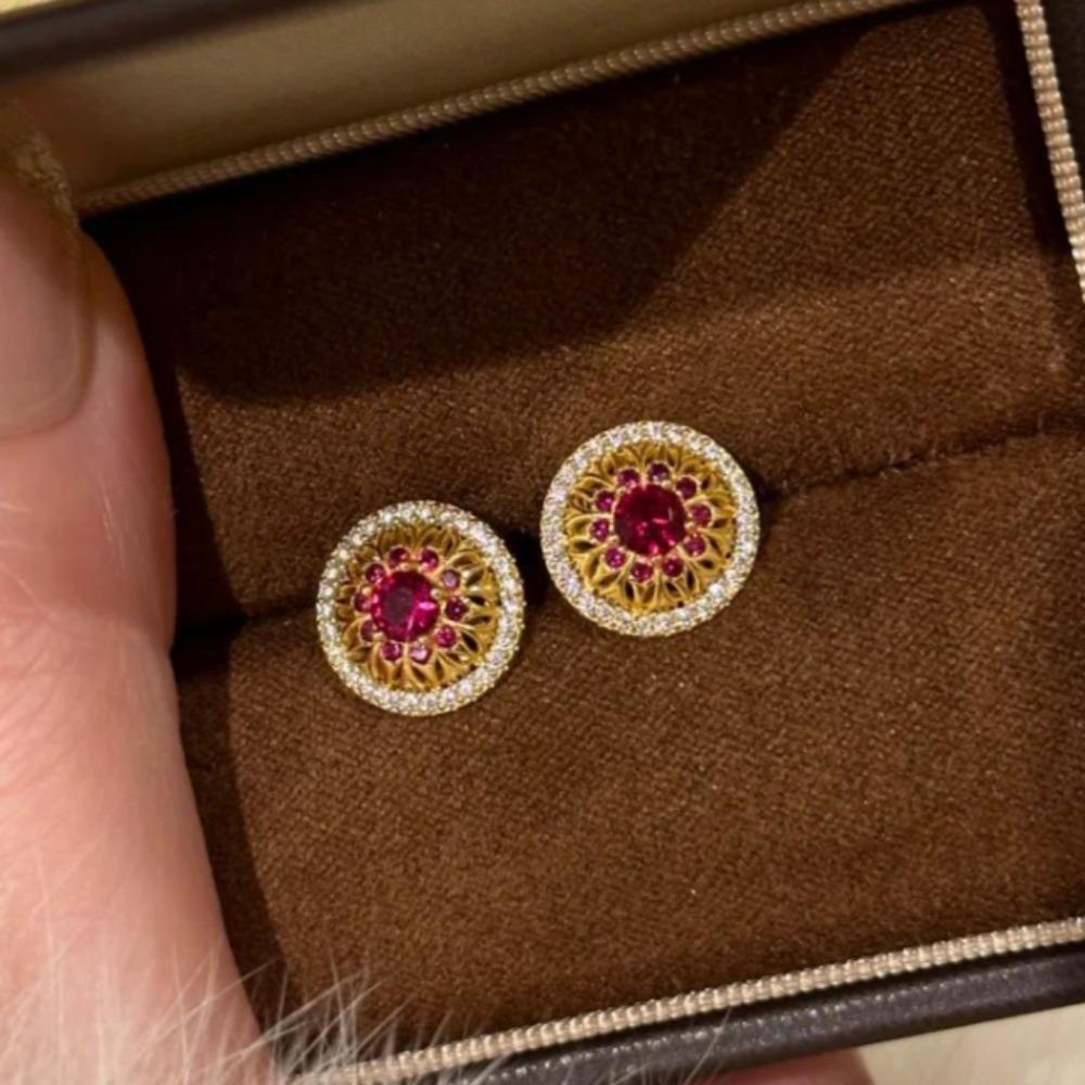 ose Window Earrings with Simulated Ruby and Full Diamond Weave Carved Gold Red Corundum Earrings for Women