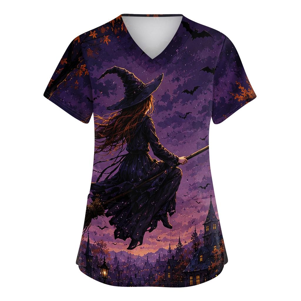 Women's V-Neck Short Sleeve Work Top with Pockets Halloween Print Caregiver Uniform