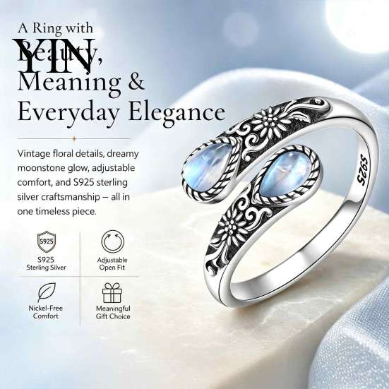 Couple Open Ring Vintage Faux Moonstone Ring, Waterdrop Fake Gemstone Adjustable Women Healing Stone Band Jewelry for Couple,