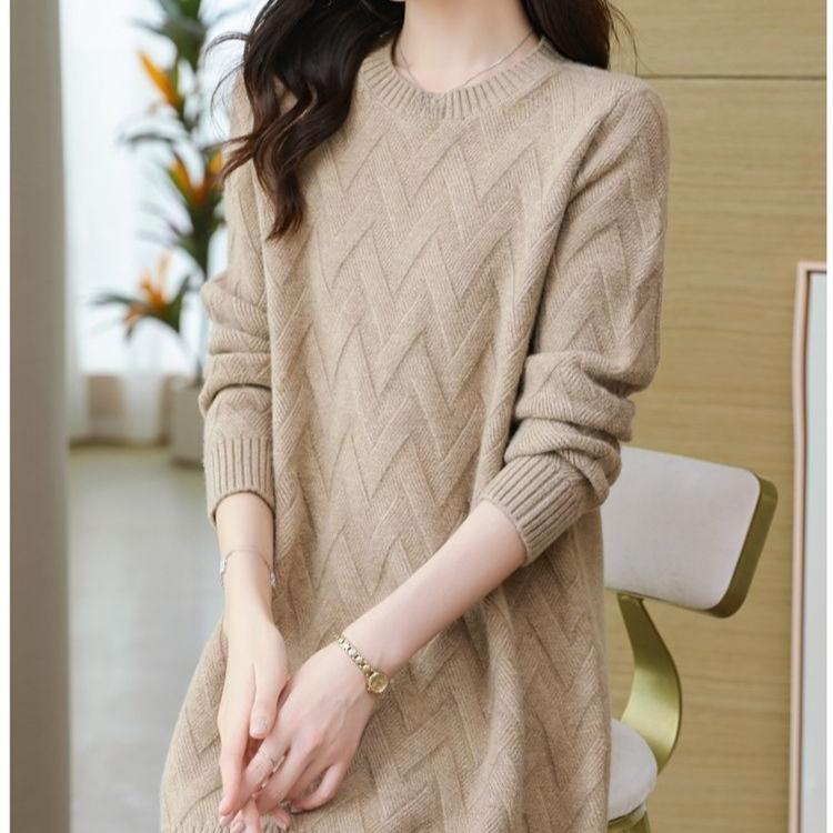 Women's Mid-length Sweater Loose Korean Style Large Size Pullover Outer Wear Pure Color Casual Long-sleeved Knitted Shirt