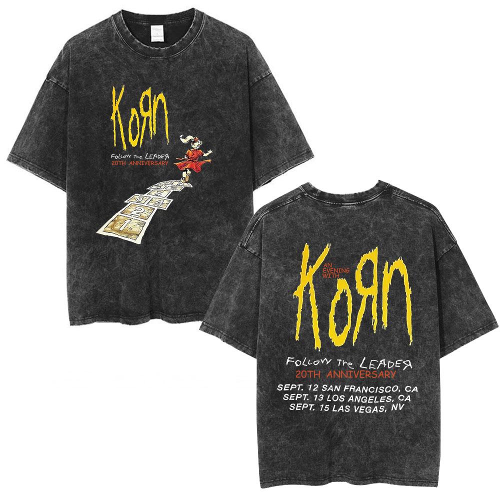 Korn Follow The Leader 20Th Anniversary Washed T Shirt Metal Gothic Rock Band T Shirts Men Vintage Oversized T-shirt