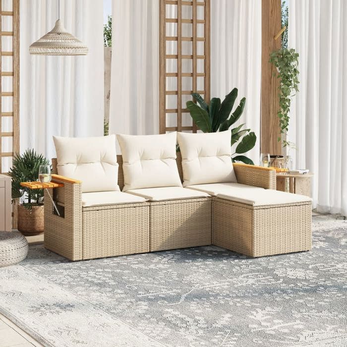 VidaXL Salon de Jardin avec Coussins 4 pcs, Canapés de Terrasse, Ensemble de Meubles de Patio, Mobilier d'Extérieur, Beige 3259146
