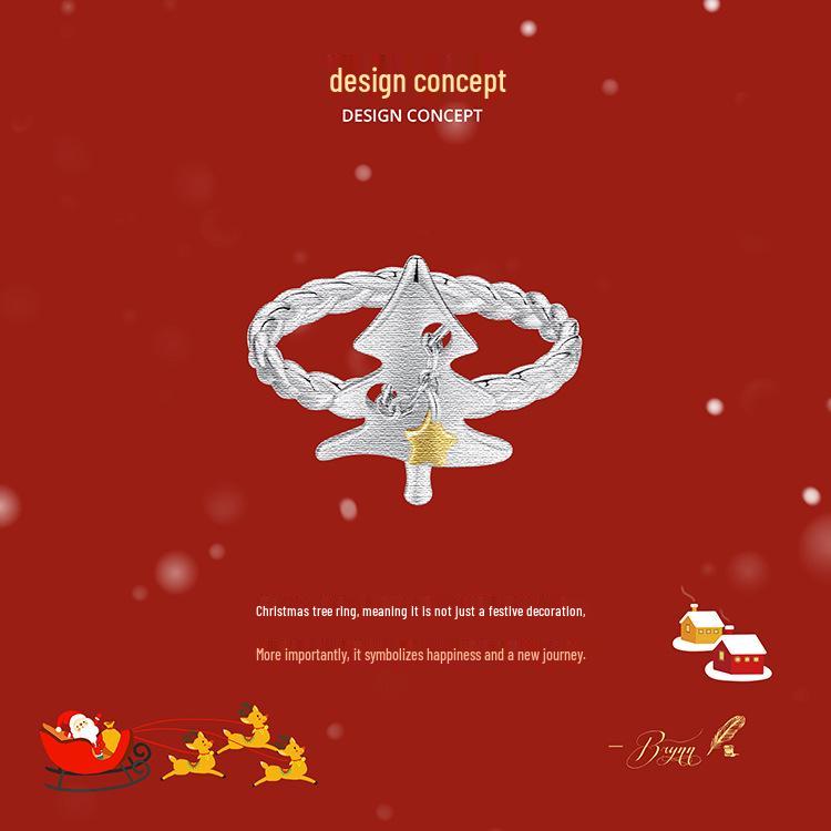 Everlove Adjustable Christmas Tree Open Ring - S925 Sterling Silver Holiday Jewelry for Women