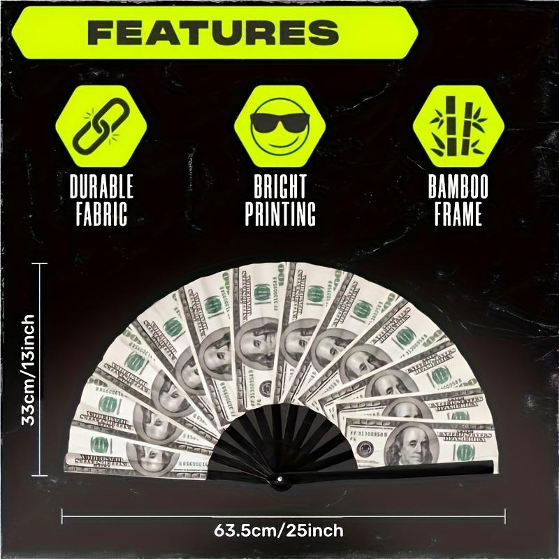 A large bamboo folding fan with a money print - no charging, no battery required - perfect for EDM, music festivals,clubs,events,decorations and gifts