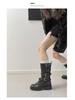 2025 Autumn/Winter Women's Retro British Mid-Calf Lace-Up Belt Buckle Martin Boots - Thick Sole, Height Increasing Western Style