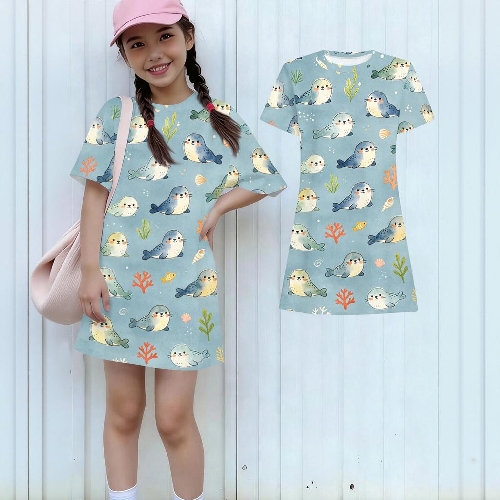 Girls Loose Fit Short Sleeve Dress Kids Round Neck Casual Lightweight Dress with Animal Print Suitable for Daily Wear and Outdoor Activities