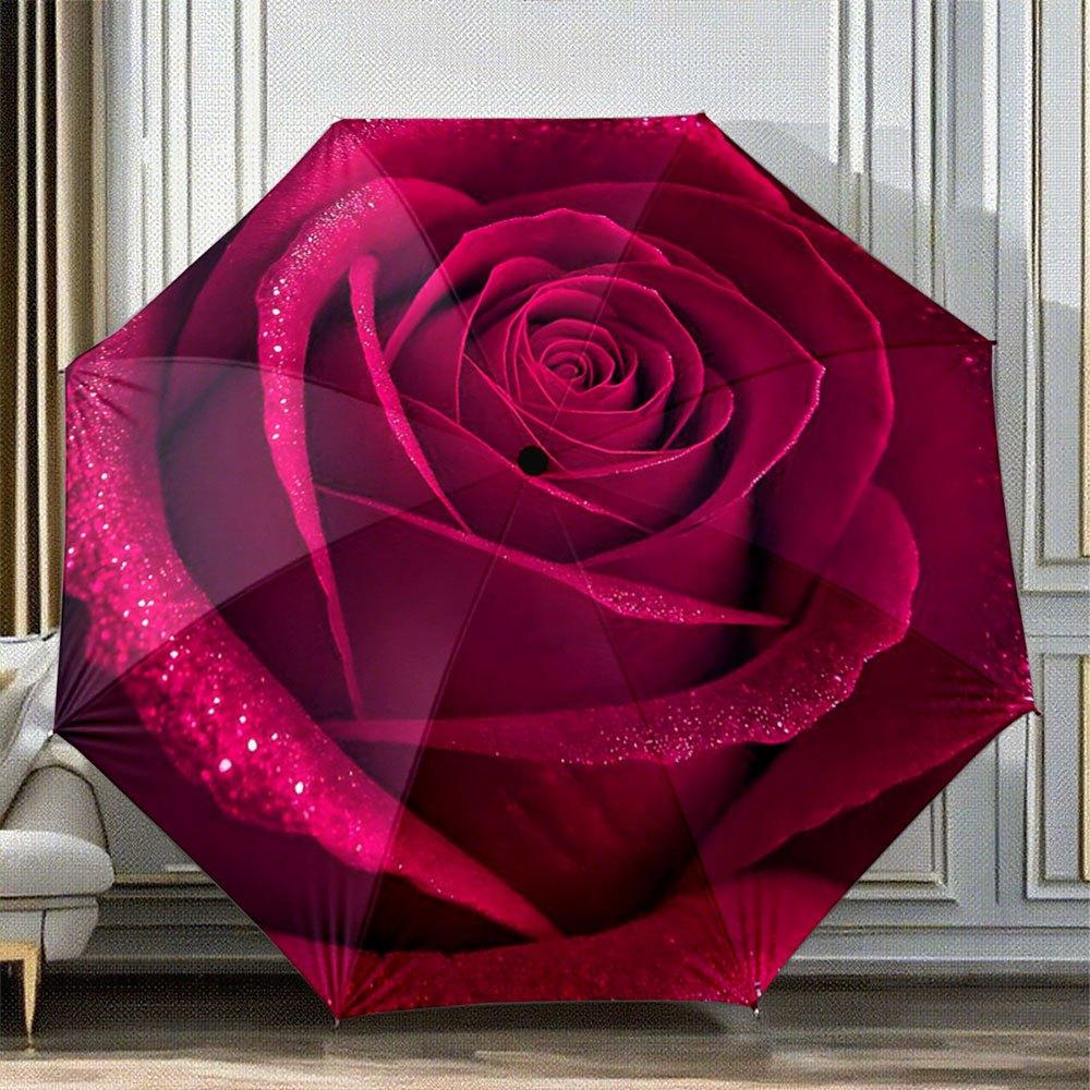 

A Large Red Rose-Shaped Automatic Folding Umbrella. It S a Portable And Collapsible Design, Perfect for Casual Outdoor Use, An