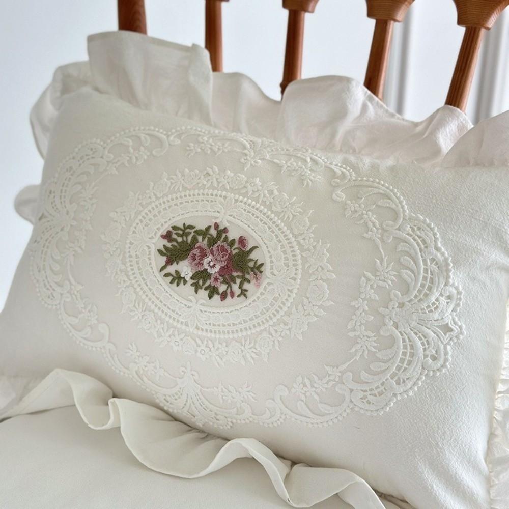 Rustic Embroidered Pillow Cover with Lotus Frill French Lace Cushion Cover Washable Comfortable Soft Pillowcase