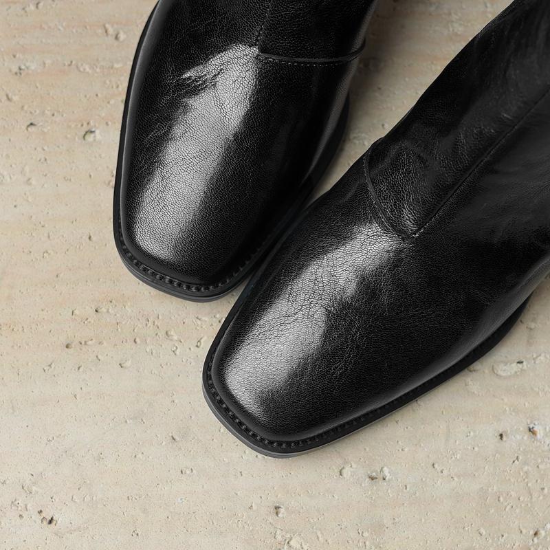 Módní dámské nové podzimní/zimní boty Chelsea s extra velkým lýtkem, z pravé ovčí kůže, s elastickými vysokými podpatky a čtvercovou špičkou