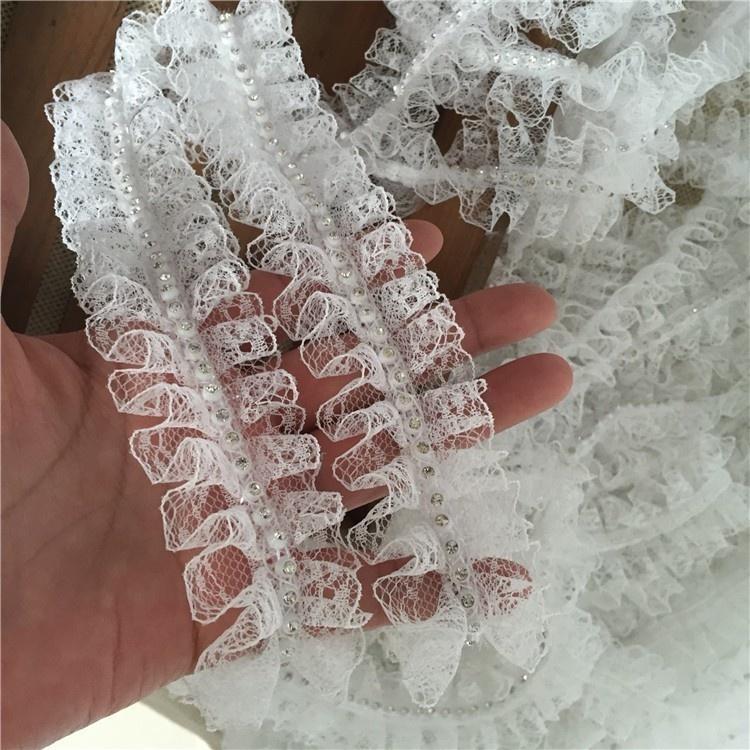 

4cm Wide White Black 3d Embroidered Beaded Ribbons Pleated Dress Collar Lace Applique Trim Edge For Sewing Wedding Fringe Decor 1 yard білий