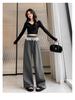 Women's High-Waist Black Polka Dot Lace Trim Wide-Leg Sporty Pants for Spring