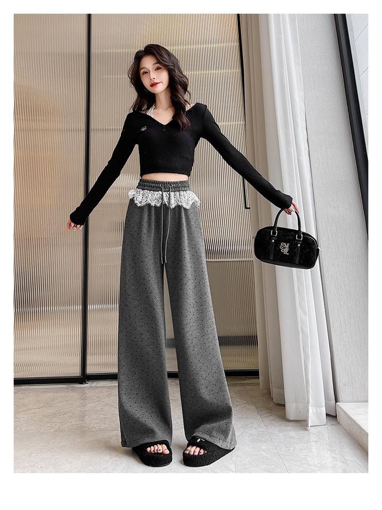Women's High-Waist Black Polka Dot Lace Trim Wide-Leg Sporty Pants for Spring