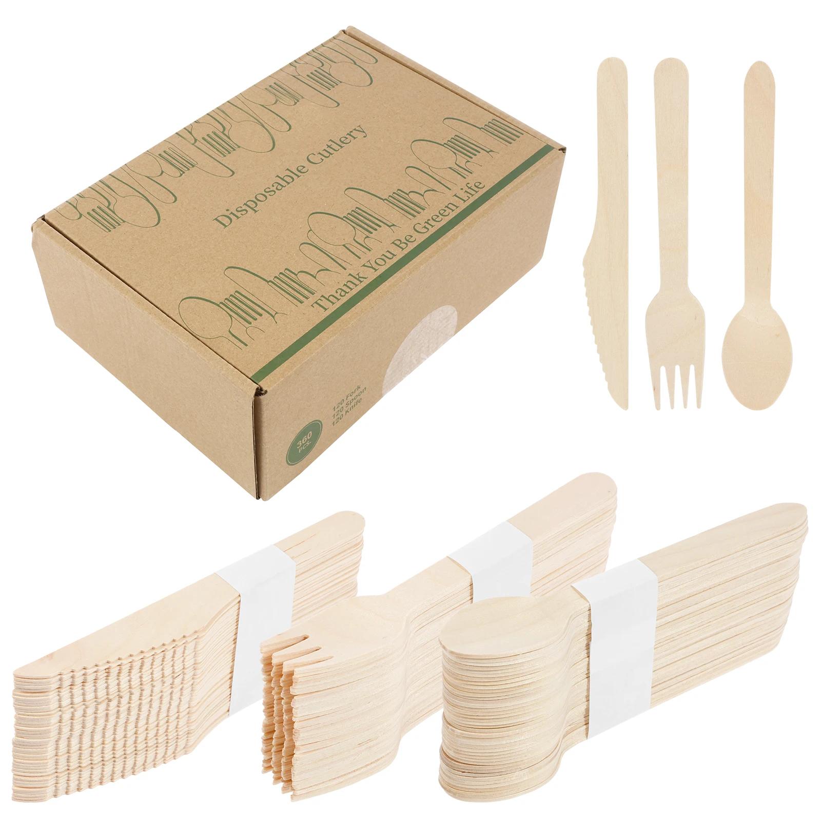 

360Pcs Party Disposable Wooden Tableware Set Forks Spoons Knives Parties Wedding Cafes Environmentally Friendly Wooden Tableware