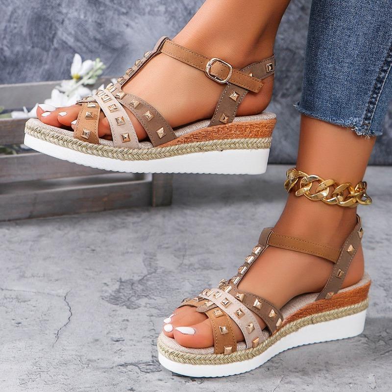 Roman Reviet Decor Wedge Sandals for Women T-Strap High Heel Sandal Ladies Plus Size Buckle Anti Slip Sandalias Mujer