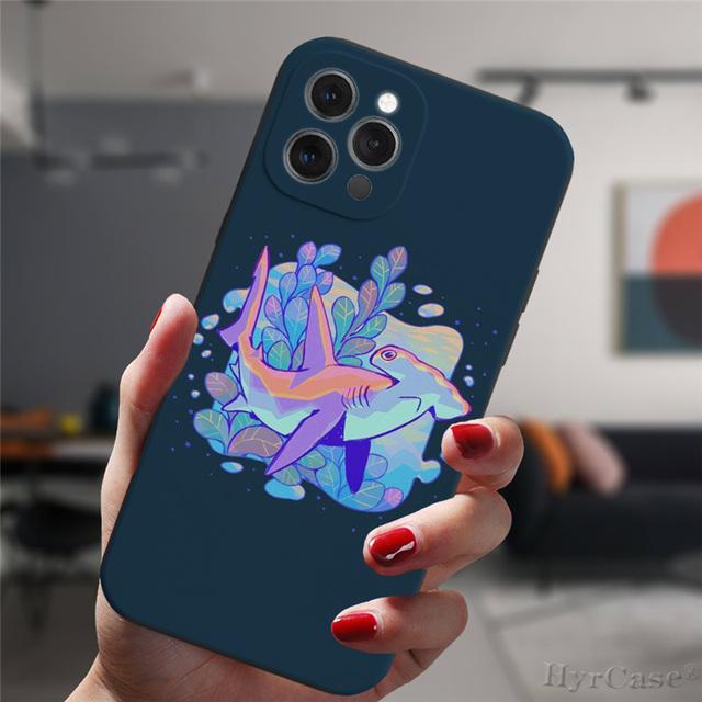 For Iphone 13 11 12 14 Pro Max X Xs Xr Mini 6s 7 8 Plus Xsmax Black Case Cosmic Whale Shark Animal Art Silicone Protective Cover