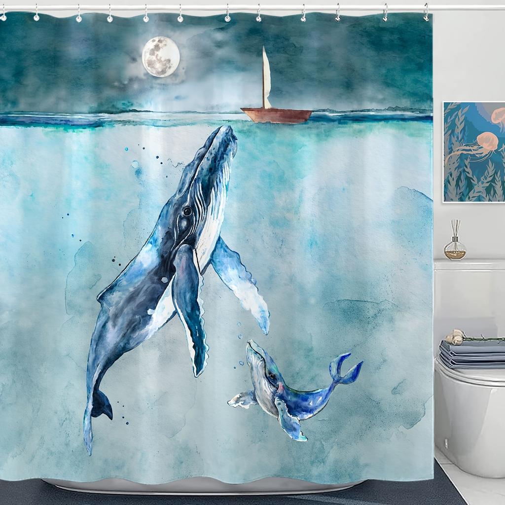 Whale Sea Bath curtain Seaside ocean-themed Shower Curtain Washable Dirt-Resistant Shower Head waterproof Polyester Bath Curta