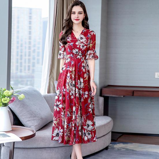 Women's Casual Flowy Chiffon Maxi Dress A-line Ruffle Short Sleeve V Neck Long Dress Boho Floral Summer Dress
