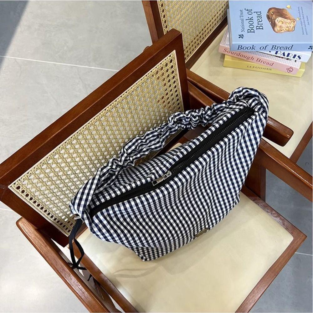 Drawstring Canvas Crossbody Bag Y2k Underarm Bag Fashion Plaid Shoulder Bag Women