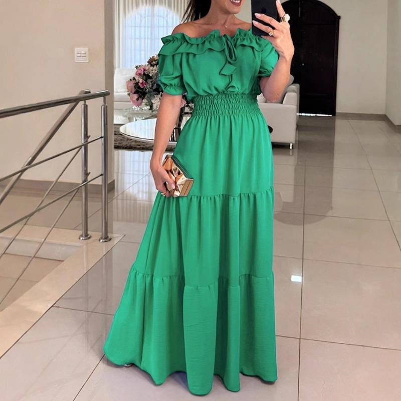 Neues modisches einfarbiges Schnür-Rüschenrand-One-Shoulder-Blusenärmel-Kleid Damenbekleidung