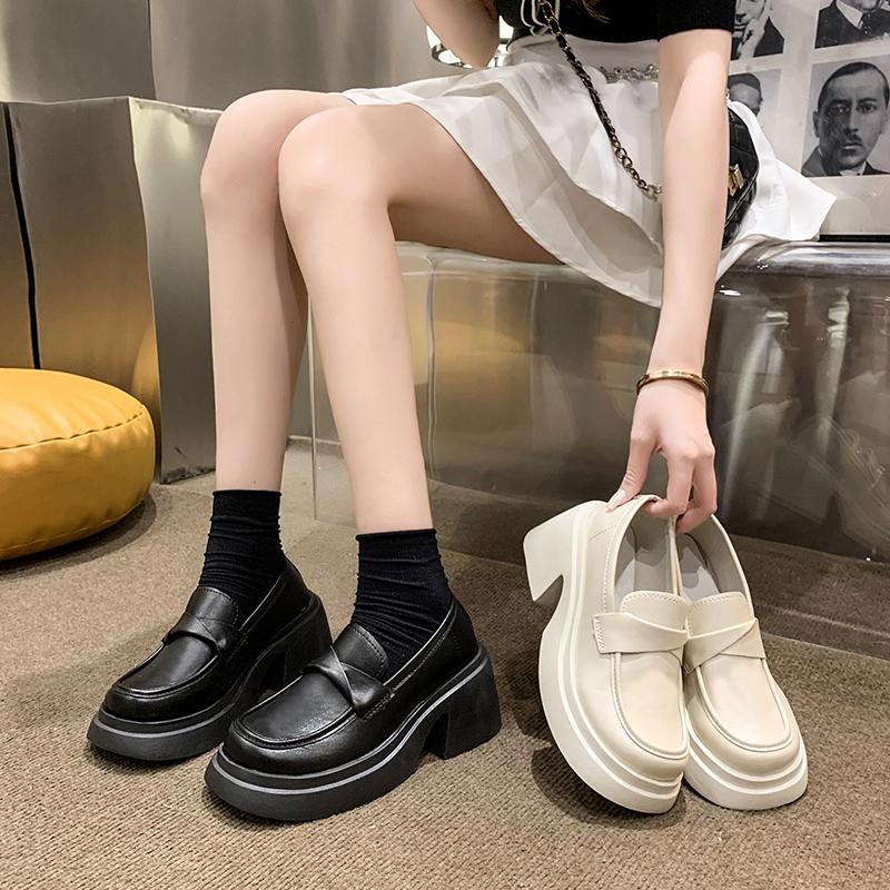 British Style Platform Loafers Women  Round Toe Thick Bottom Single Shoes Woman Pu Leather Chunky Heels Shoes Women Mujer