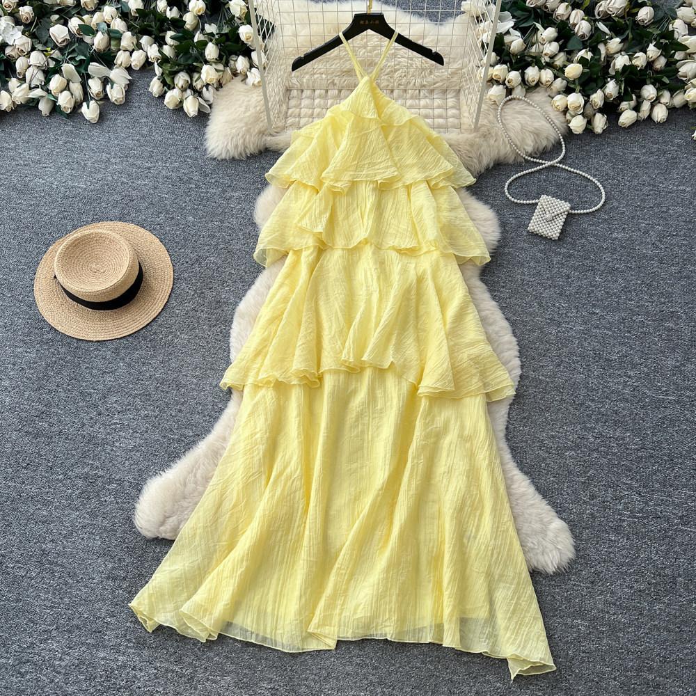 Holiday style sleeveless romantic style yellow cake dress female summer lotus leaf edge thin fairy temperament dress