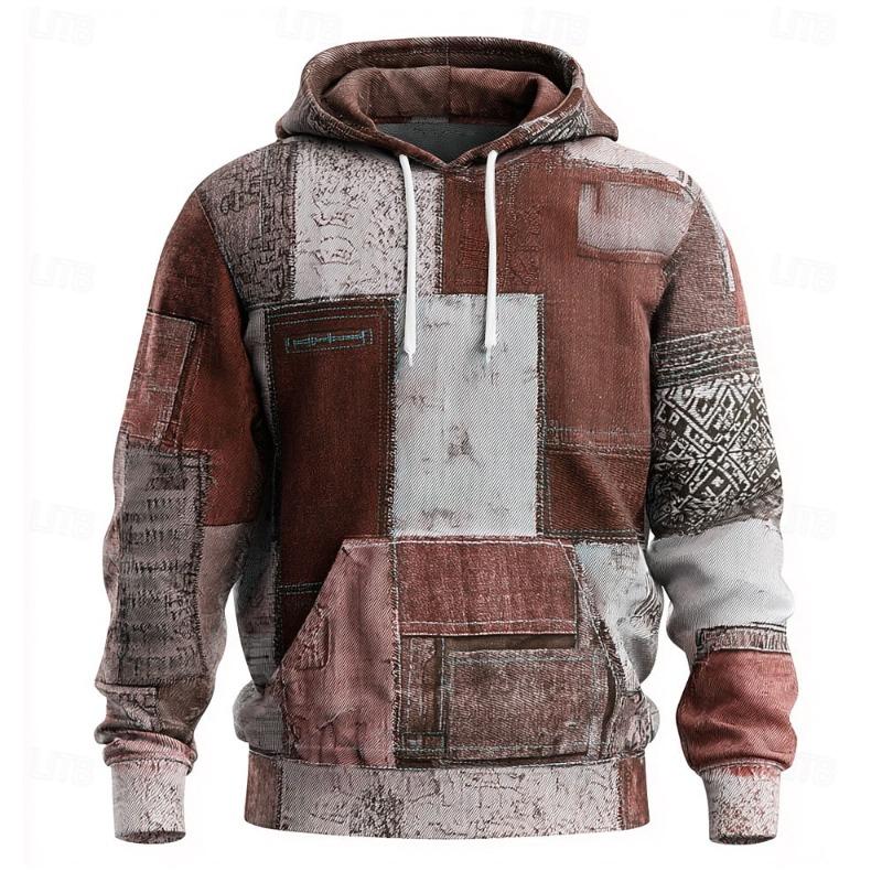 2026 Men's Geometric Plaid Hoodies, Fashion Crew Neck Sweatshirt, Casual Streetwear Style, Fall Winter Comfort Wear Hooded