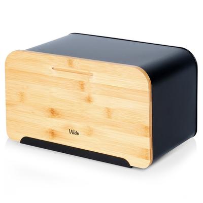 Black Metal Bamboo Bread Bin Kitchen Container for Bread