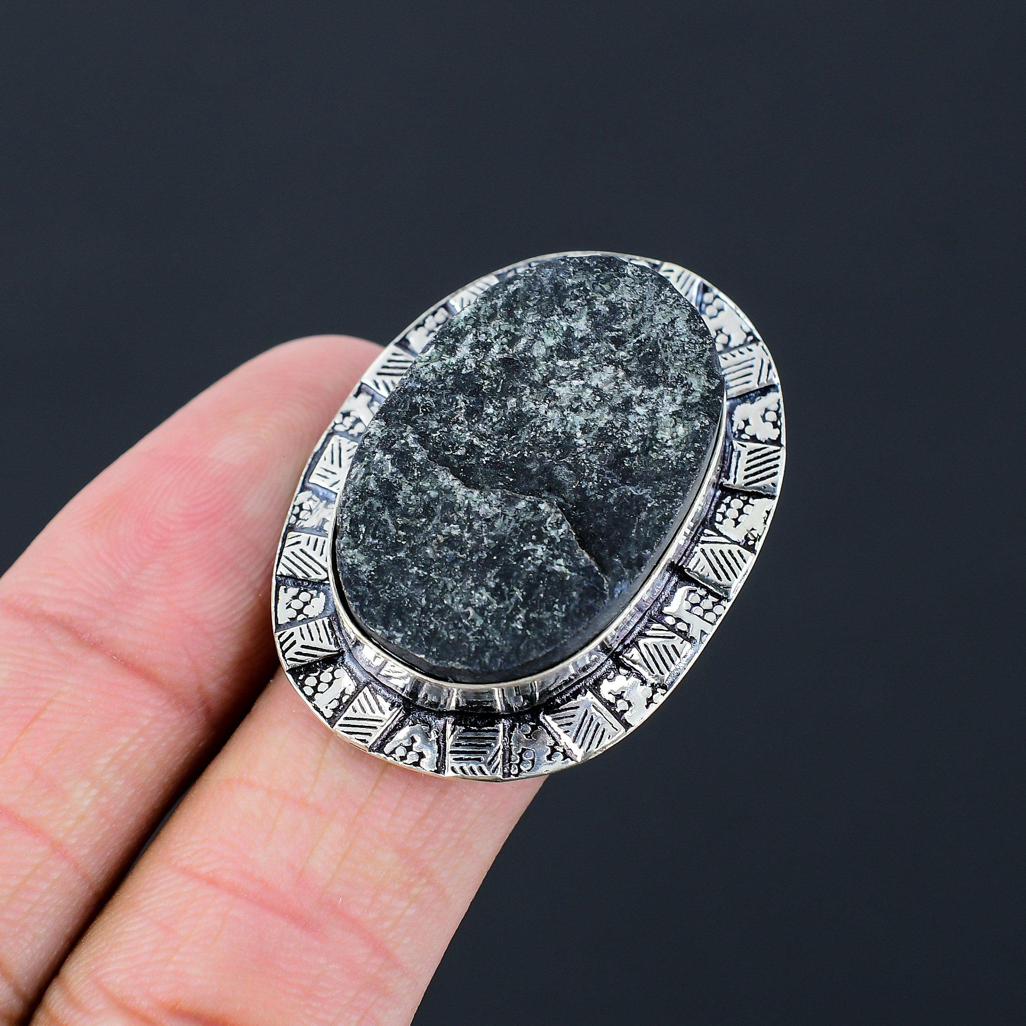 925 Silver Oval Black Tourmaline Rough Gemstone Stackable Ring Jewelry Size 7 7