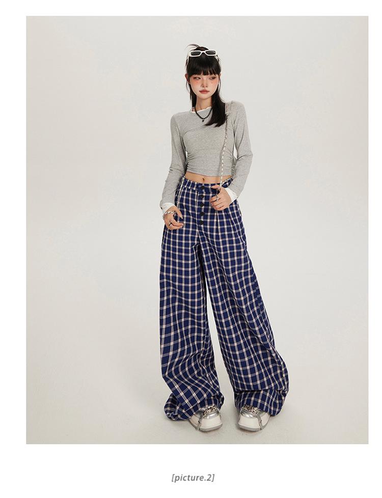 Women's High Waist Plaid Wide-Leg Casual Pants - Autumn Button-Down Style