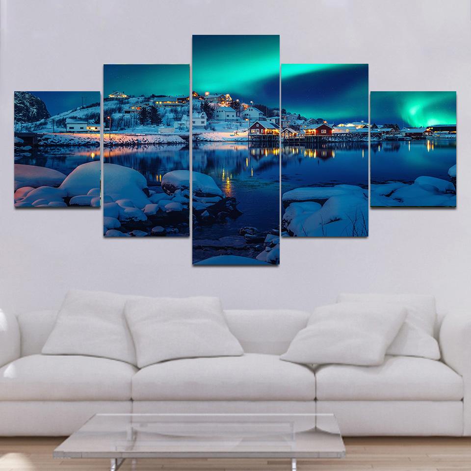 5 panouri Peisaj Lofoten Pânză Pictură Iarnă Aurora Nordică Postere și imprimeuri Artă de perete Fotografii Decor acasă fără cadru