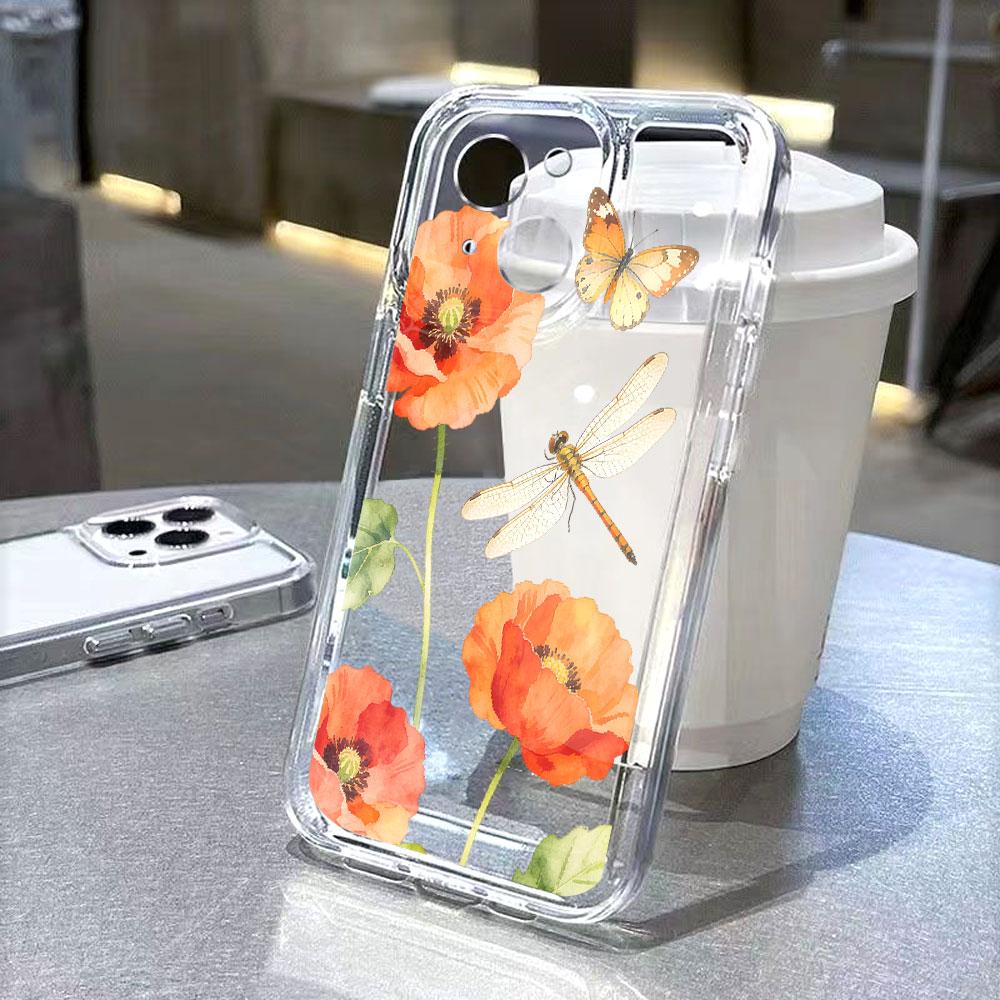 Orange Poppies with Dragonfly Lucency Phone Case for IPhone 14 15 16 13 12 11 17 Pro Max 12 13 Mini Soft Cover
