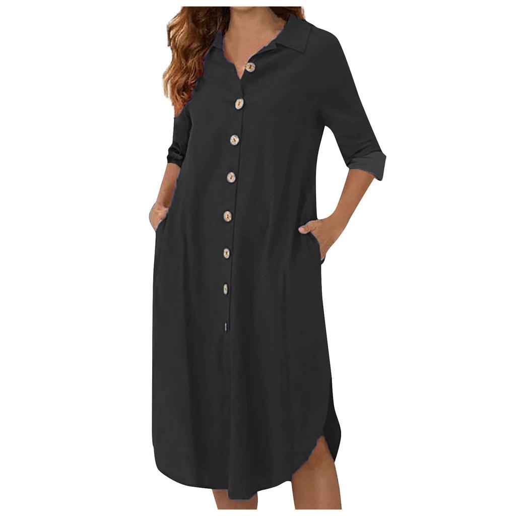Women's Casual Fashion Color Loose Long Sleeves Pocket Shirt Dress