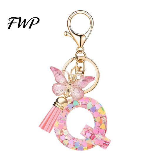 Initial Letter Charm Keychain Pink Series Pendant, Sequins Heart Key Chain with Holder Pendant Butterfly Tassel Design, A-Z for Bag Purse Backpack