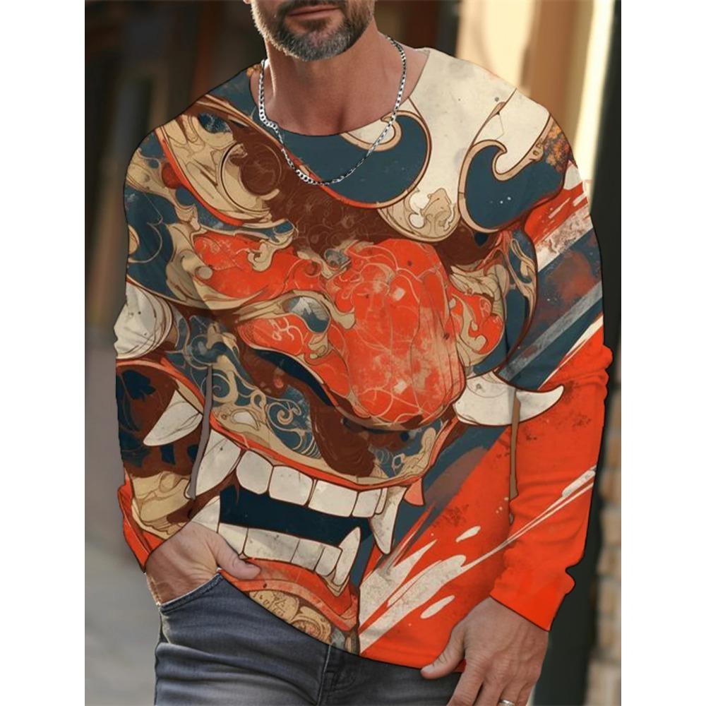Spring and Autumn Round Neck 3D Ukiyoe  Printed Top Fashionable Casual Long Sleeved Men's T-shirts
