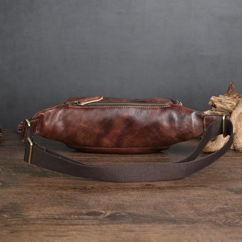 Vintage Chaozhou Hand-Colored Leather Fanny Pack: Retro Genuine Leather Chest Bag with Multi-Pocket Phone Holder