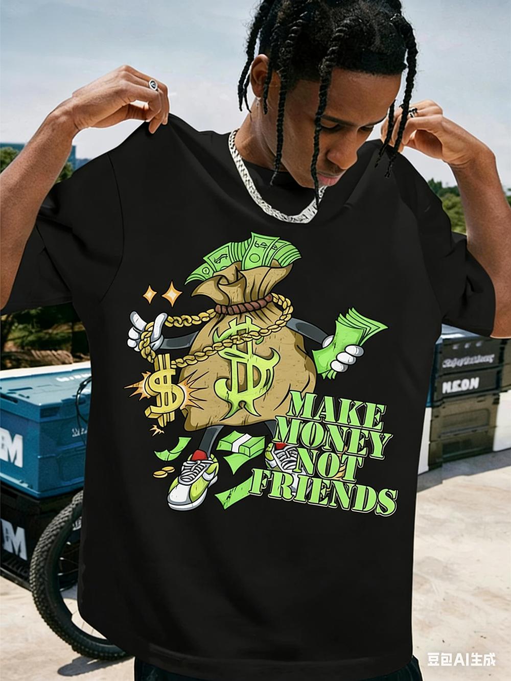 Vintage Make Money Not Friends T-Shirt Dollar Bag Streetwear Top XXXL