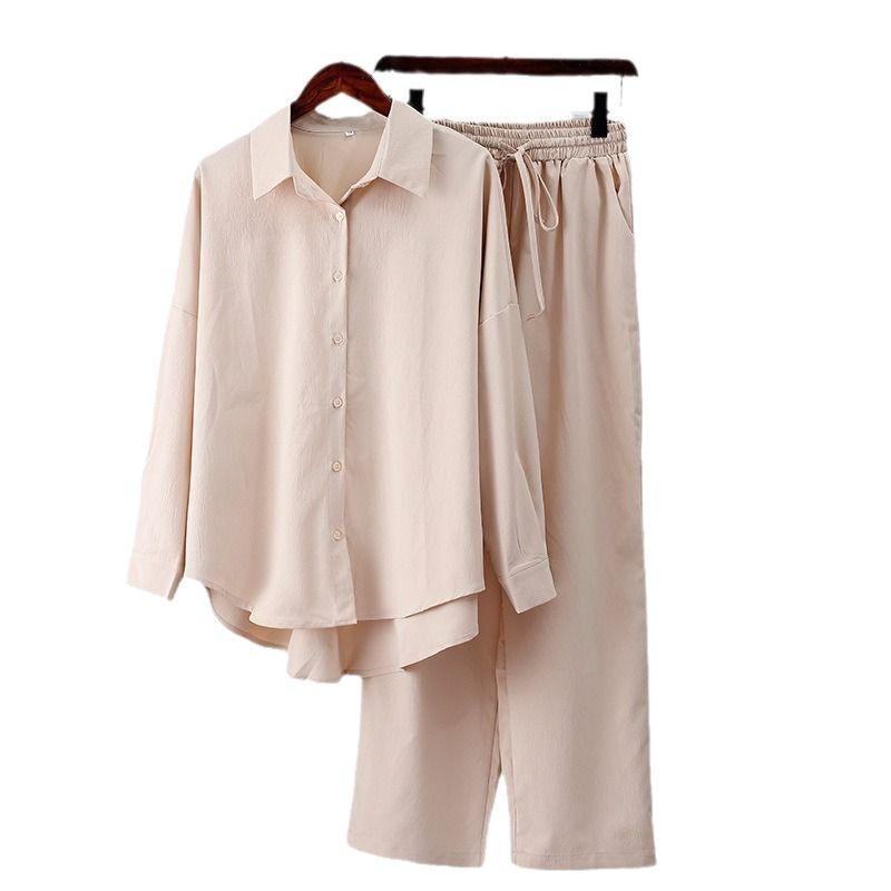 Women's Fashion Loose Elastic Wrinkled Long Sleeve Shirt Wide Leg Pants Casual Set 2-piece Set