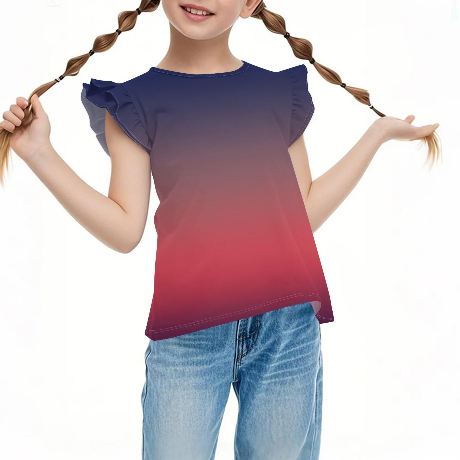 

Children s Casual Short-Sleeved Pleated, Cute Gradient Printed Round-Neck Solid-Color Top 150 тёмно-синий