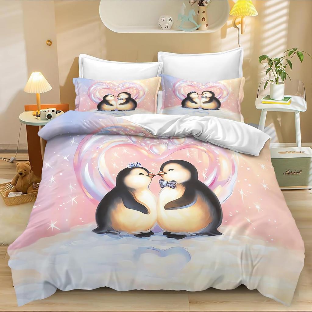 Penguin Cartoon Duvet Cover Set, Children'S Microfibre Quilt Cover,Cartoon Penguin Bedding Set, With Zip And Pillowcases 75*50Cm