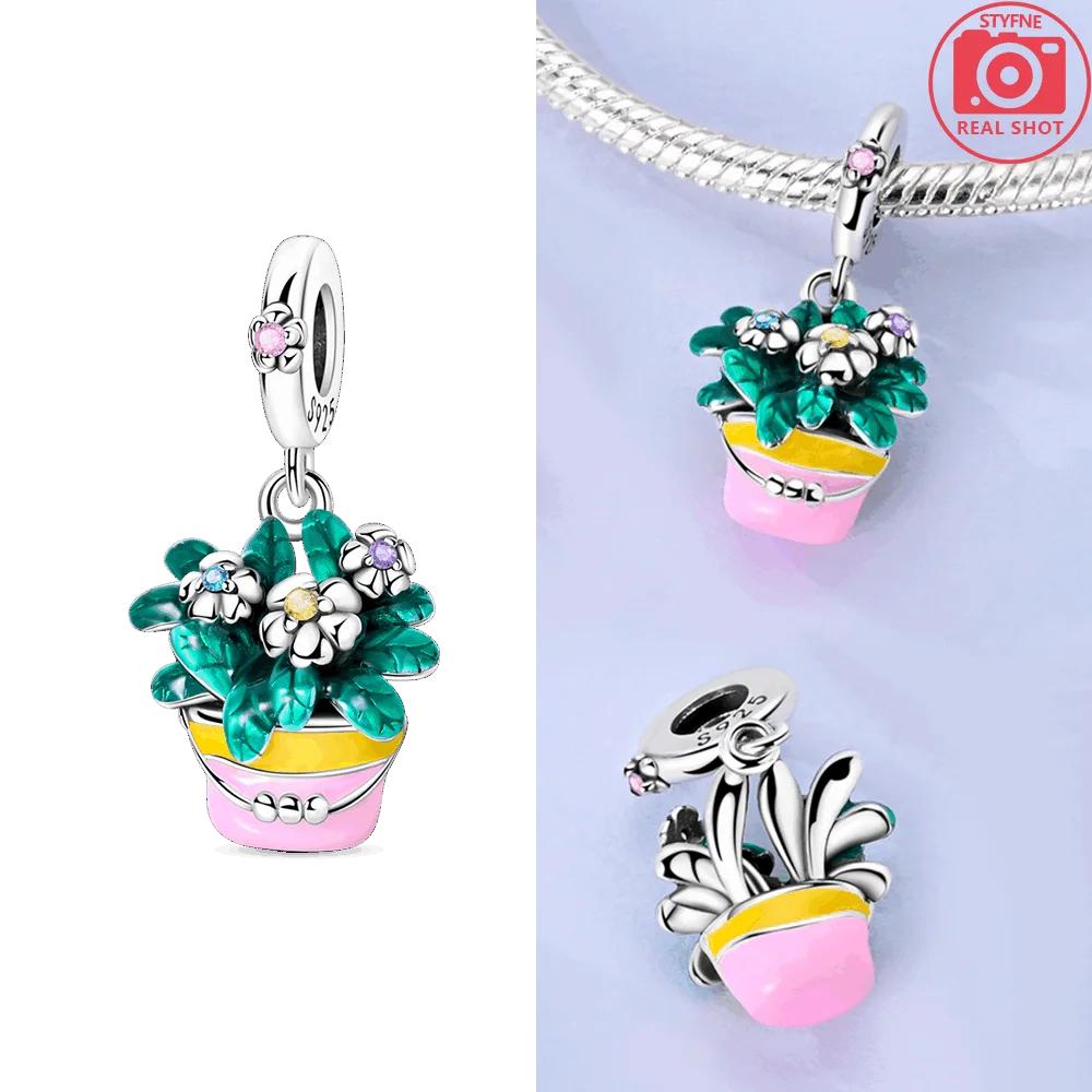 Charm Copper Plated Colorful Zircon Potted Flower Pendant Fits Charm Genuine Bracelets Bead Women Jewelry Crafting DoItYourself