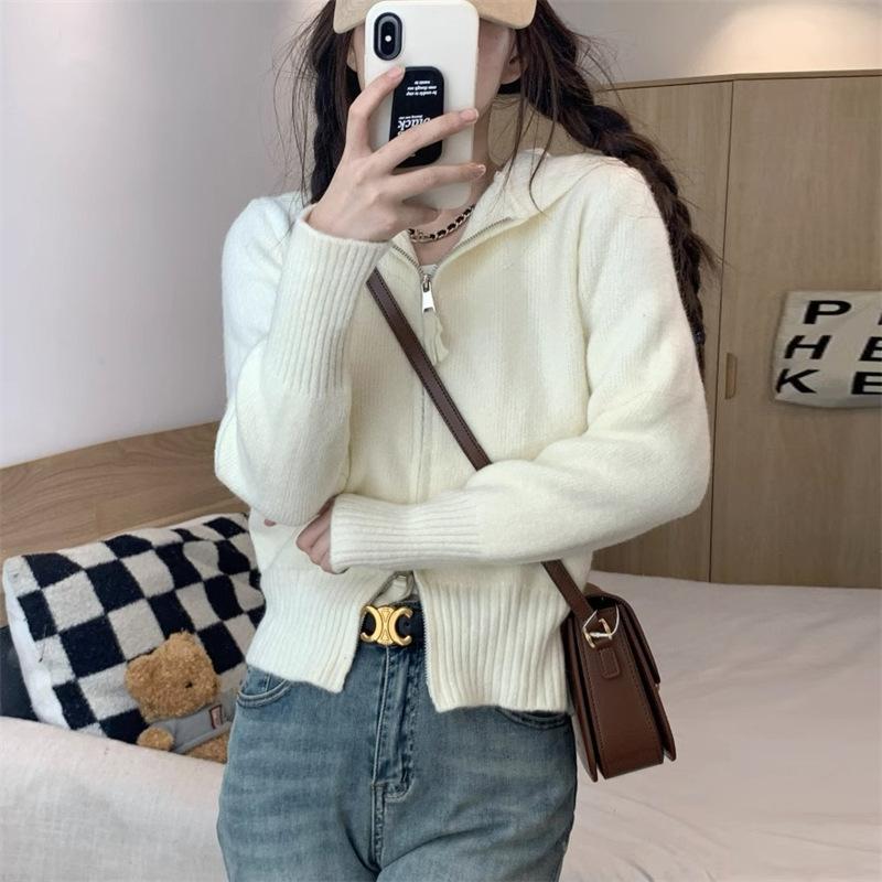 Autumn and winter new women's clothing small cardigan short double zipper jacket women's knitted sweater hooded sweater women
